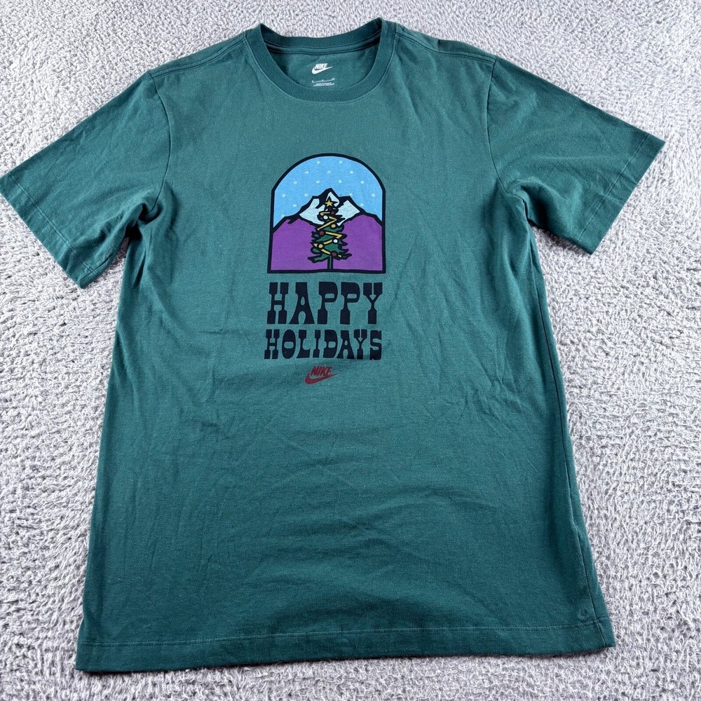 Nike T Shirt Mens S Green Happy Holidays Christmas Tree Graphic Print Tee